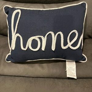 "Home" Embellished Oblong Pillow 15x20, Indigo Blue